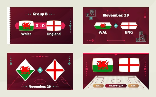 Wales vs England match Football 2022 world championship match versus teams on soccer field Intro sport background championship competition final poster flat style vector illustration