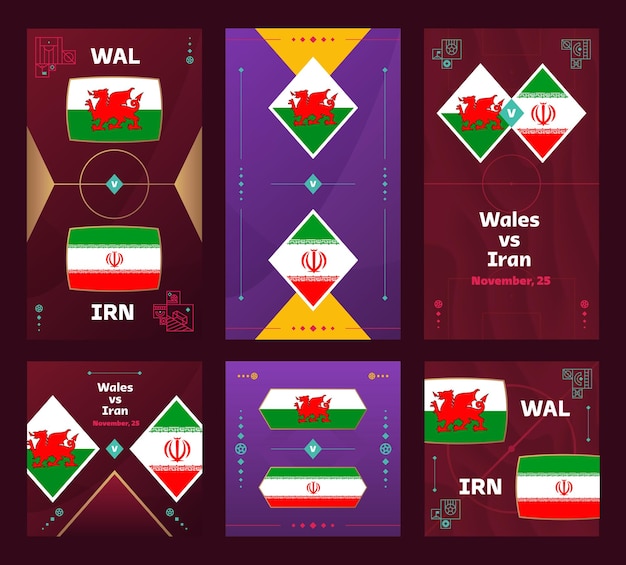 Wales vs iran match world football 2022 verticale en vierkante bannerset voor sociale media 2022