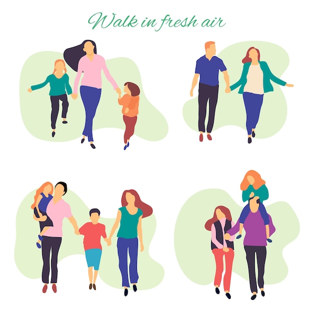 Vector walk in fresh air vector stylized illustration of active young family healthy lifestylepeople in the park vector flat illustration
