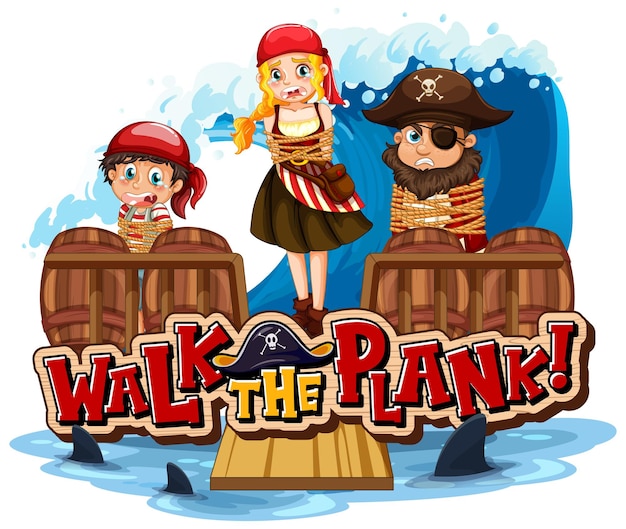 Banner di carattere walk the plank con molti personaggi dei cartoni animati pirata