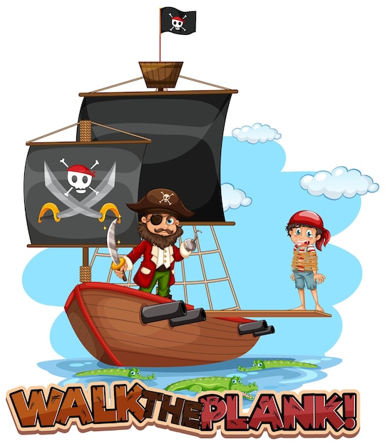 Vector walk the plank lettertype banner met piraten stripfiguur met piratenschip