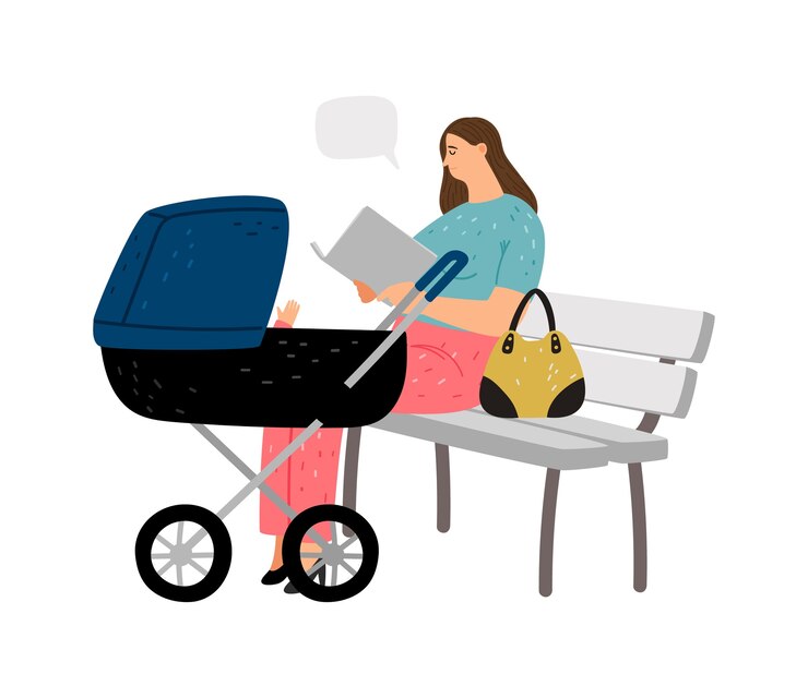 Vector walk with baby. mom reading book her child. happy parenthood illustration with young mother and newborn