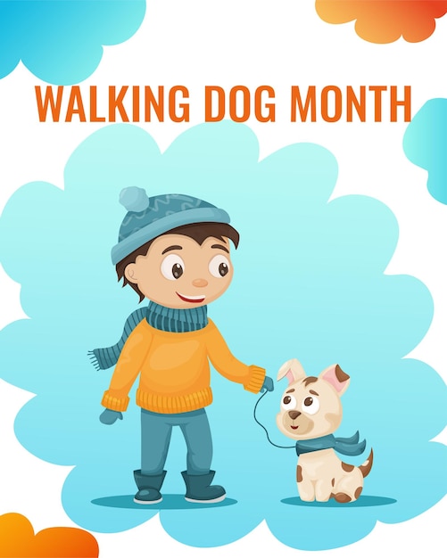 Месяц выгуливайте собаку. Мальчик гуляет со своей собакой зимой в парке. Симпатичная плоская иллюстрация