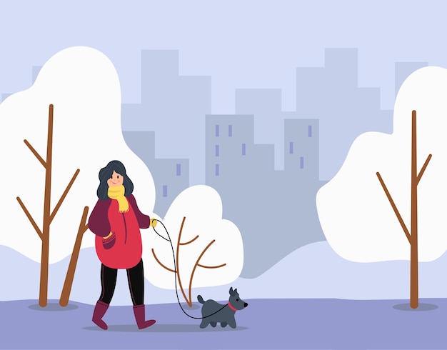 Walk Your Dog Month. The girl is walking her dog. Flat style. Vector illustration.