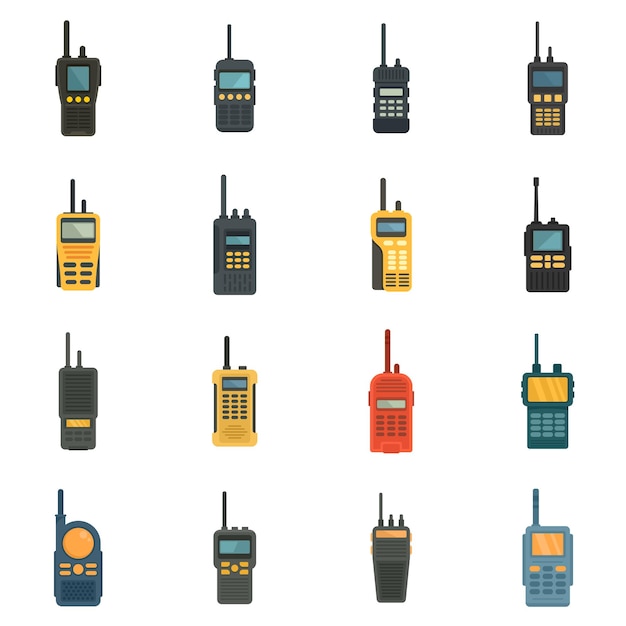 Walkie talkie pictogrammen instellen. Platte set van walkie talkie vector iconen geïsoleerd op een witte achtergrond