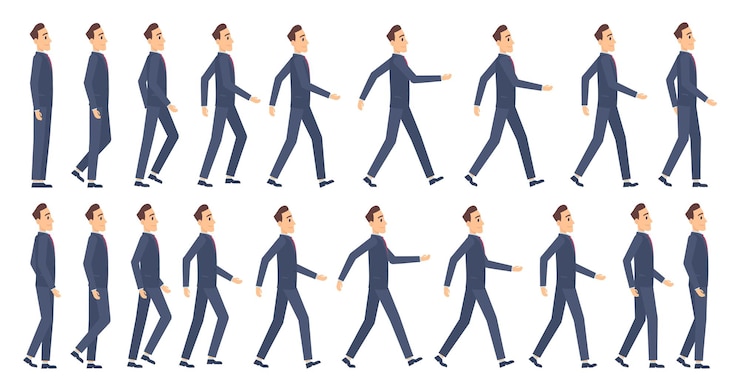 Вектор прогулочная анимация. деловые персонажи 2d анимация ключевые кадры игра мультяшный спрайт талисман.