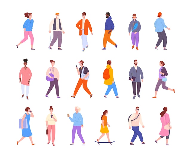 Vector walking citizens fashion people outdoor street walk city crowd person in outfit guy on skateboard woman with bag adult man talk smartphone vector illustration of outdoor casual citizen standing