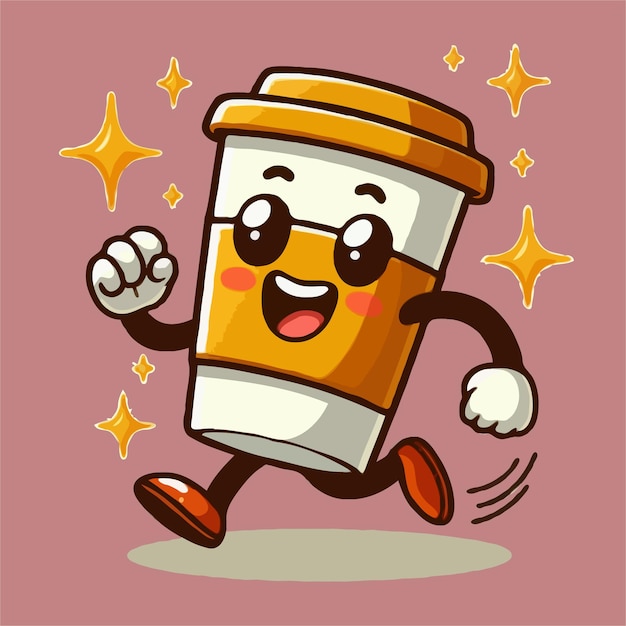 Walking coffee cup Cartoon Mascot character Vintage eps vector illustration Retro hot drinks pop art