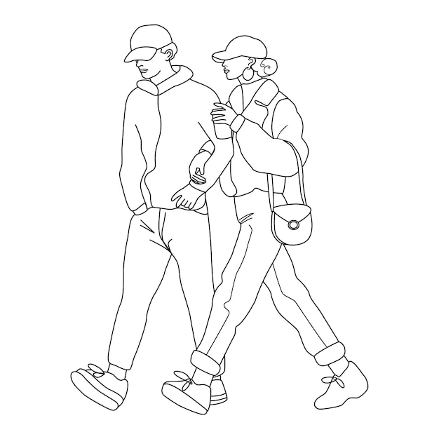 단순한 선형 스타일의 걷는 커플. 색칠 공부 페이지. 팔짱을 끼고 함께 걷는 남자와 여자.