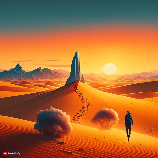 Vettore camminare nel deserto al tramonto luce che rende questo bello