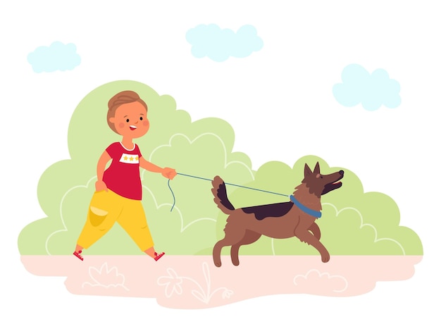 Walking dog in park. summer outdoor walk, pet and child run together. cute cartoon friends, boy with animal on nature decent vector concept. active walk with dog in green park illustration