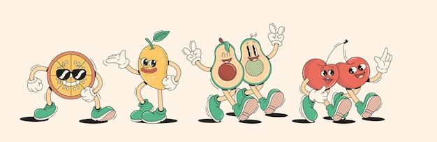 Walking exotic fruits and cherries characters retro cartoon