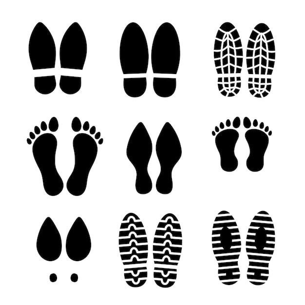 Walking footprints and steps of human shoes and feet black icon on white like elements for design