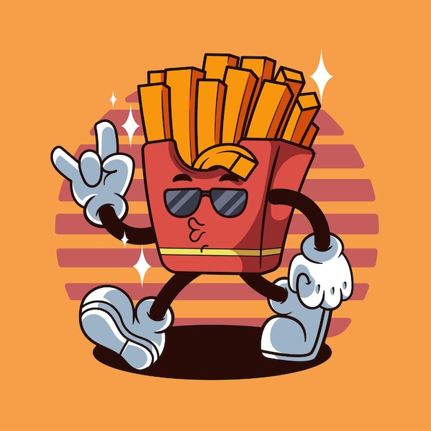 walking fries character illustration vintage and retro style