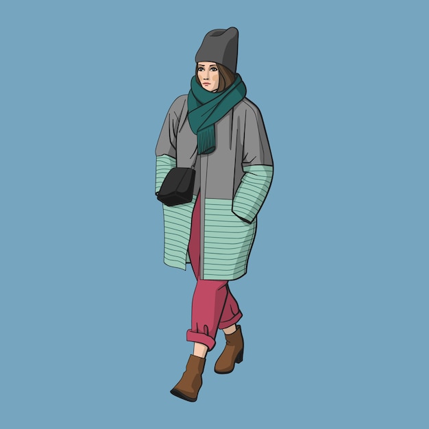 Vector walking girl in warm coat