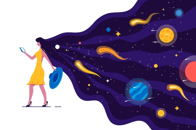 Vector walking girl with amazing hair vector illustration fashionable young woman holding smartphone female in yellow dress with space hairstyle taking off blue hat flat style concept