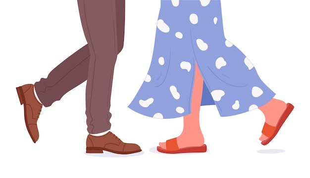 Walking legs Man and woman walk towards each other happy romantic couple walking in casual fashionable clothes flat vector illustration