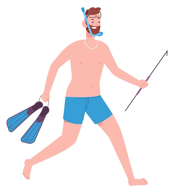 Vector walking man in scuba equipment happy diver character