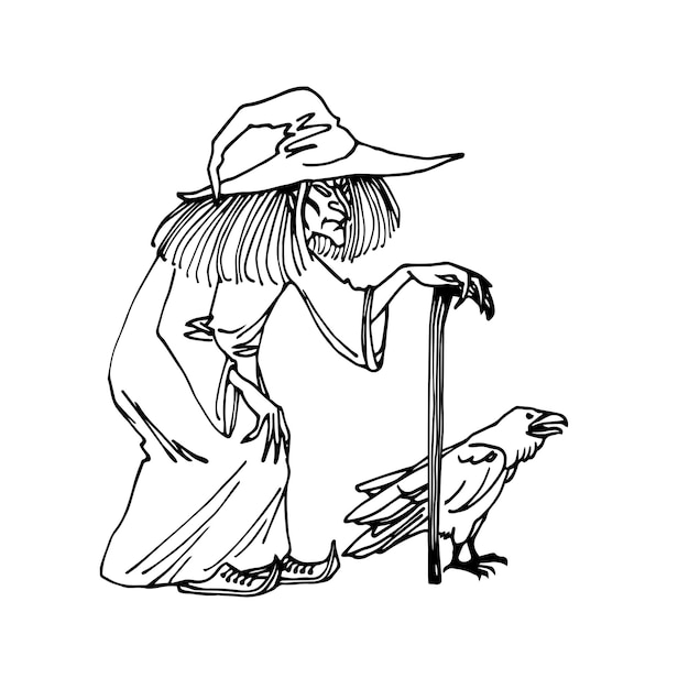 A walking old wicked witch with a crutch and a raven. A Halloween character. In black ink.