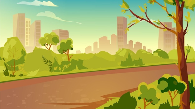 Walking path in city park concept in flat cartoon design. Pathway along green bushes, grass and trees with foliage, skyscrapers on horizon. Public place landscape. Vector illustration background