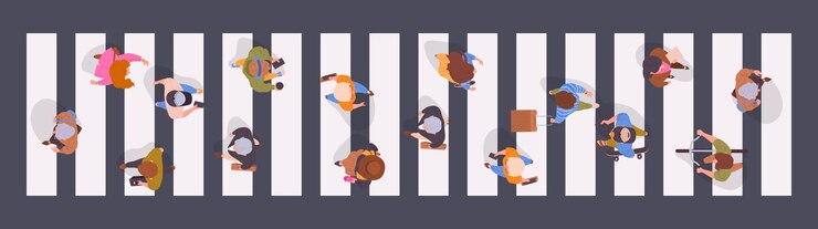 Vector walking pedestrians people crossing road view from above characters on crosswalk men and women walk down the street top view flat vector illustration male and female passersby crossing road