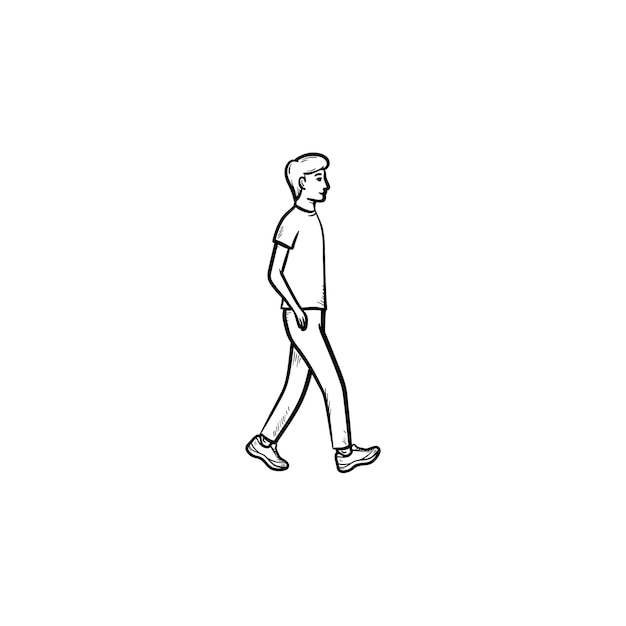 歩く人の手描きのアウトライン落書きアイコン。歩行者、レクリエーション、歩行活動、健康的なライフスタイルのコンセプト。白い背景の上の印刷、ウェブ、モバイル、インフォグラフィックのベクトルスケッチイラスト。