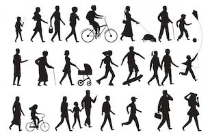 Walking persons silhouette. group people young woman lady and child walking family isolated black set