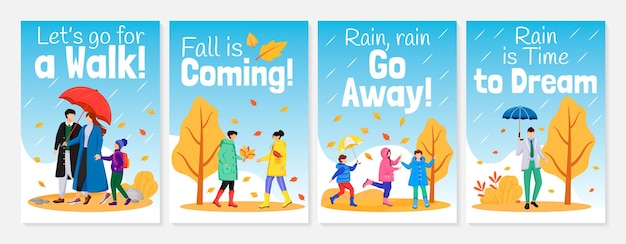 Walking in rain poster flat color templates set illustration