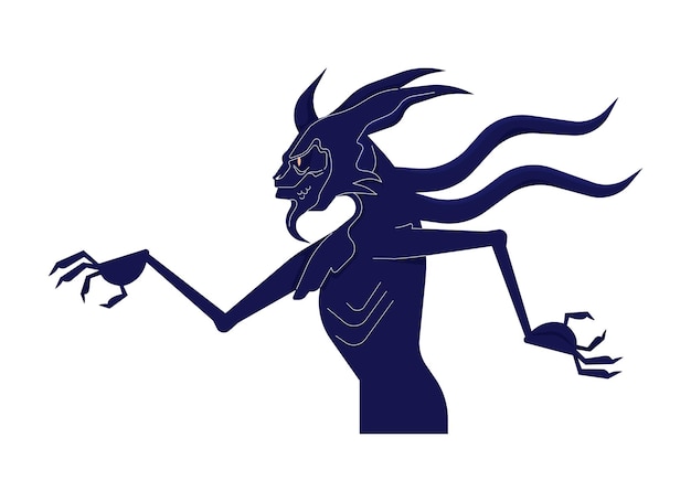 Ходячий страшный монстр с рогами и щупальцами 2D линейный персонаж мультфильма Демон-существо с жабрами изолированный линейный вектор персонаж белый фон Мифологический монстр цвет плоская точка иллюстрация