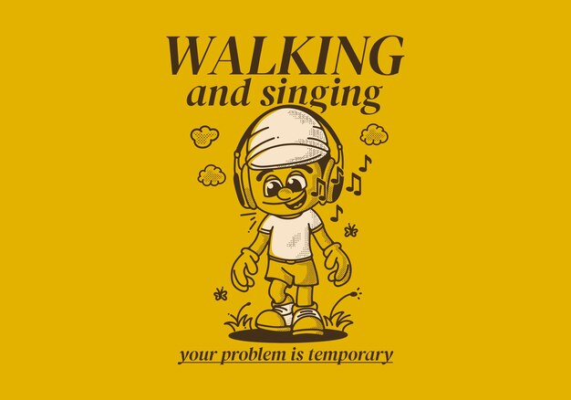 Walking and singing vintage retro illustration of a walking boy wearing headset