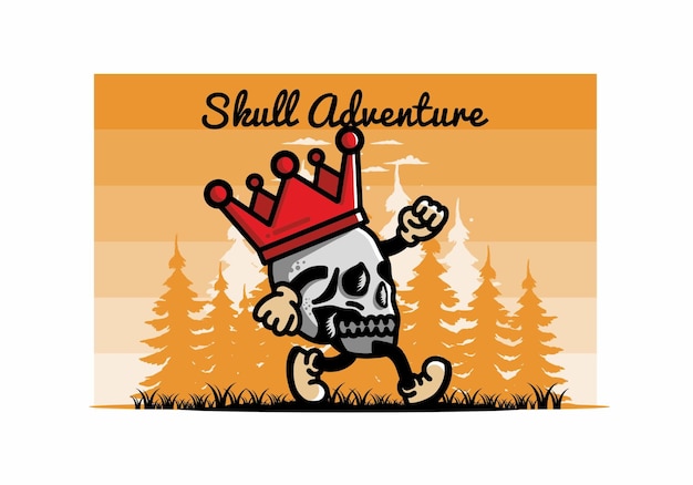 Walking skull illustration wearing a big crown