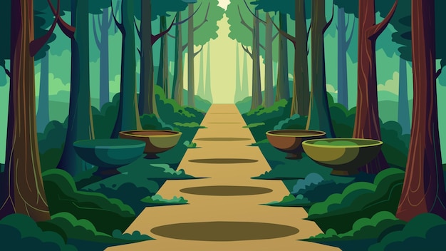 Vector walking through a mosscovered path surrounded by towering trees and the resonating echoes of tibetan