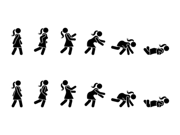 Vector walking woman stick figure pictogram set different positions of stumbling falling icon set symbol