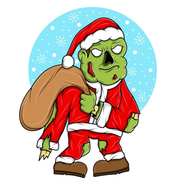 Walking zombie in santa claus christmas costume illustration