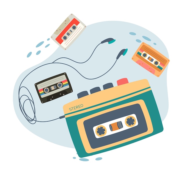 Vector walkman with headphones and cassette of nineties retro vector illustrator