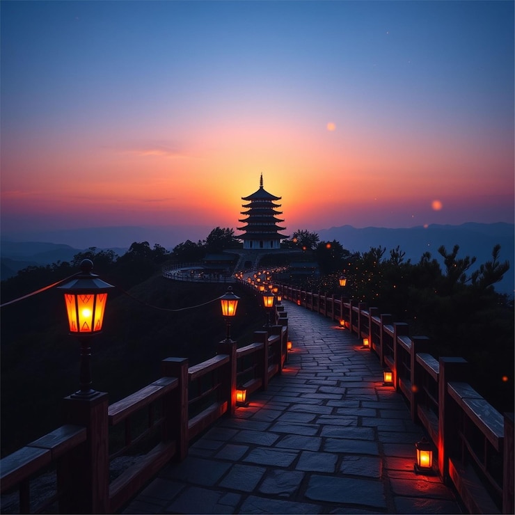 Vector a walkway with a sunset in the background and a lantern on the right
