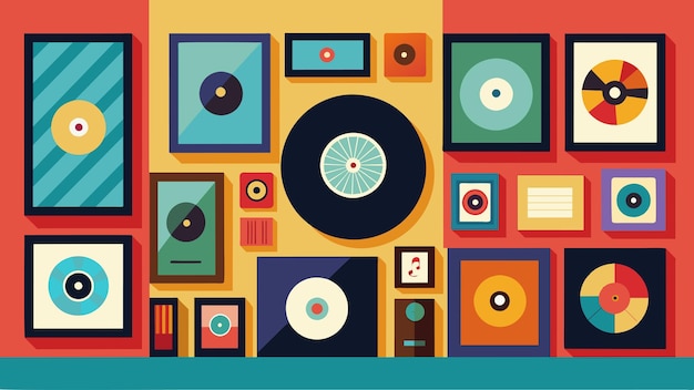 A wall adorned with framed vinyl covers each one a different size and color creating an eclectic