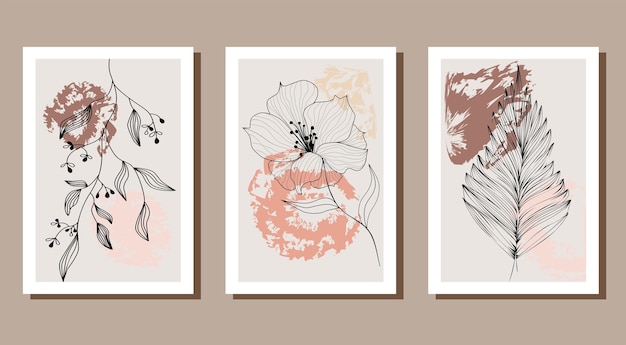 Vector wall art gallery set of 3 prints with twigs design with shape and hand drawn background lines