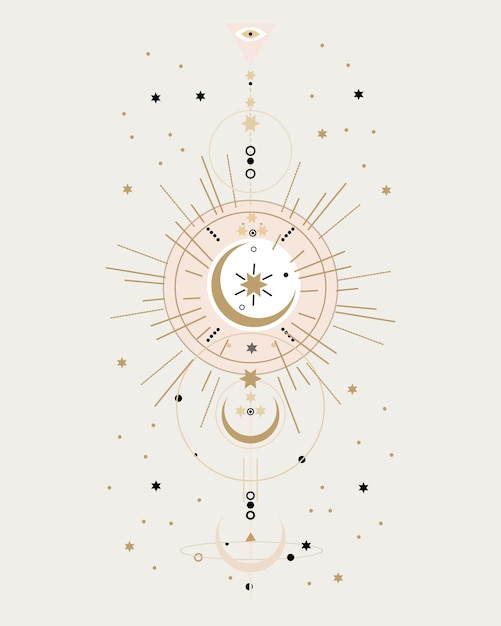 Vector wall art magic symbol moon stars runes beige pastel colors