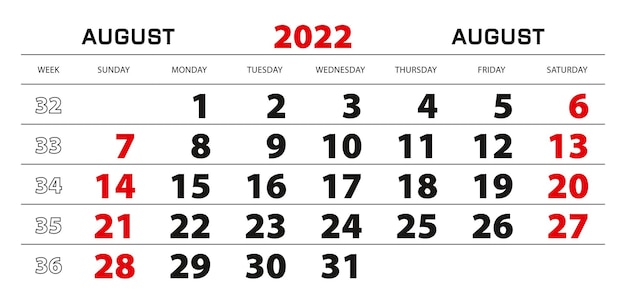 8月の壁掛けカレンダー2022、週は日曜日から始まります。