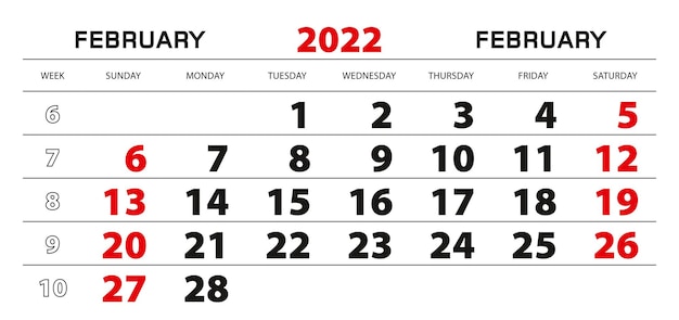 2月の壁掛けカレンダー2022、週は日曜日から始まります。