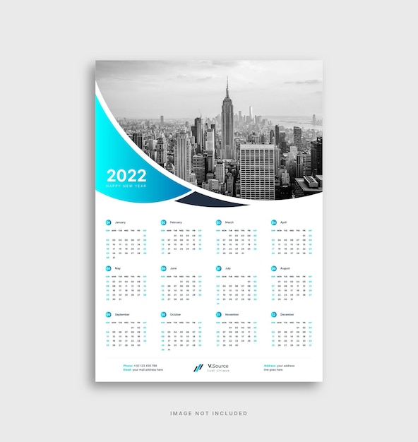 Wall Calendar 2022 Template Or 1 Page Wall Calendar 2022