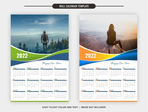 Modello di calendario da parete 2022 12 mesi con due colori diversi