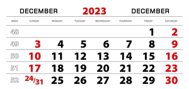 Настенный календарь 2023 на декабрьскую неделю начинается с воскресенья