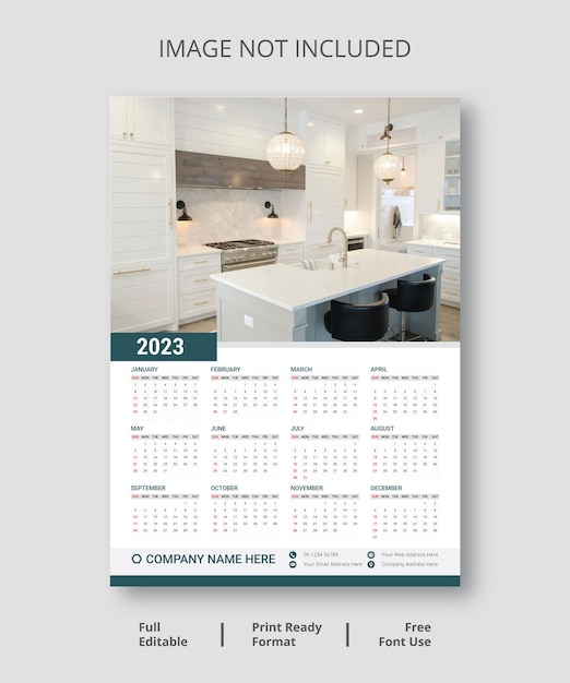 Wall Calendar 2023, One Page Wall Calendar Template