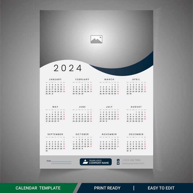 Vettore calendario murale 2024 una pagina disegno modello di 12 mesi