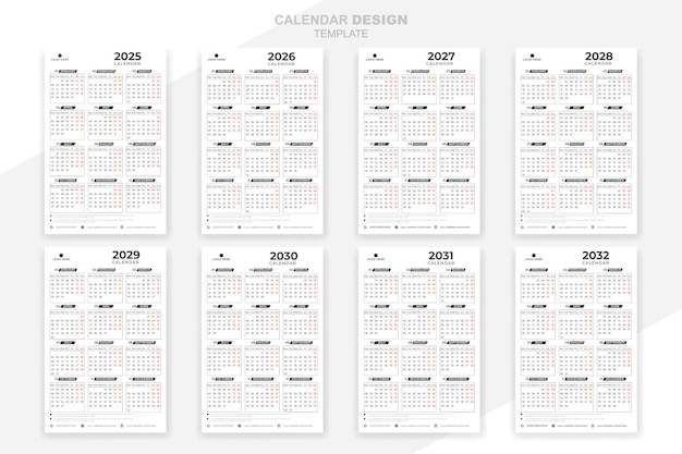 wall calendar 2025 2032 template design one page vector