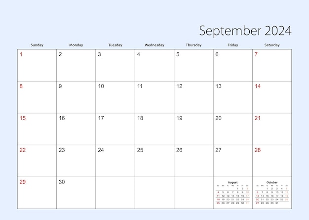 Wall calendar planner for September 2024 English language week starts from Sunday