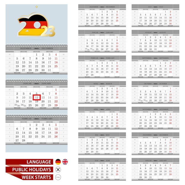 Modello di calendario da parete per l'anno 2023 in germania e la settimana in lingua inglese inizia da lunedì