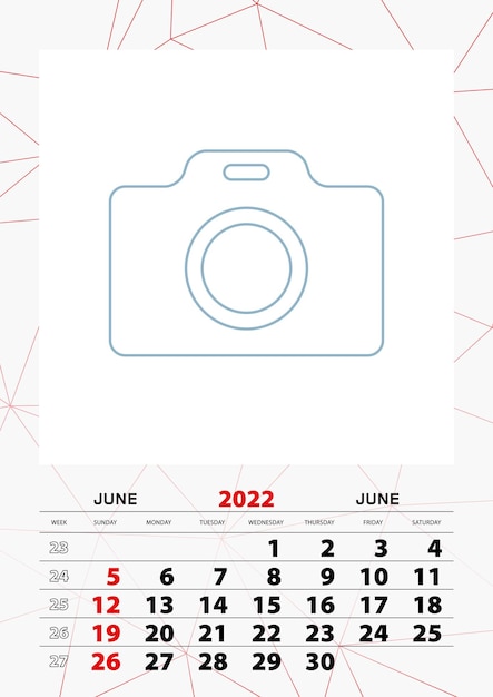 Wall calendar planner template for June 2022, week starts on sunday.